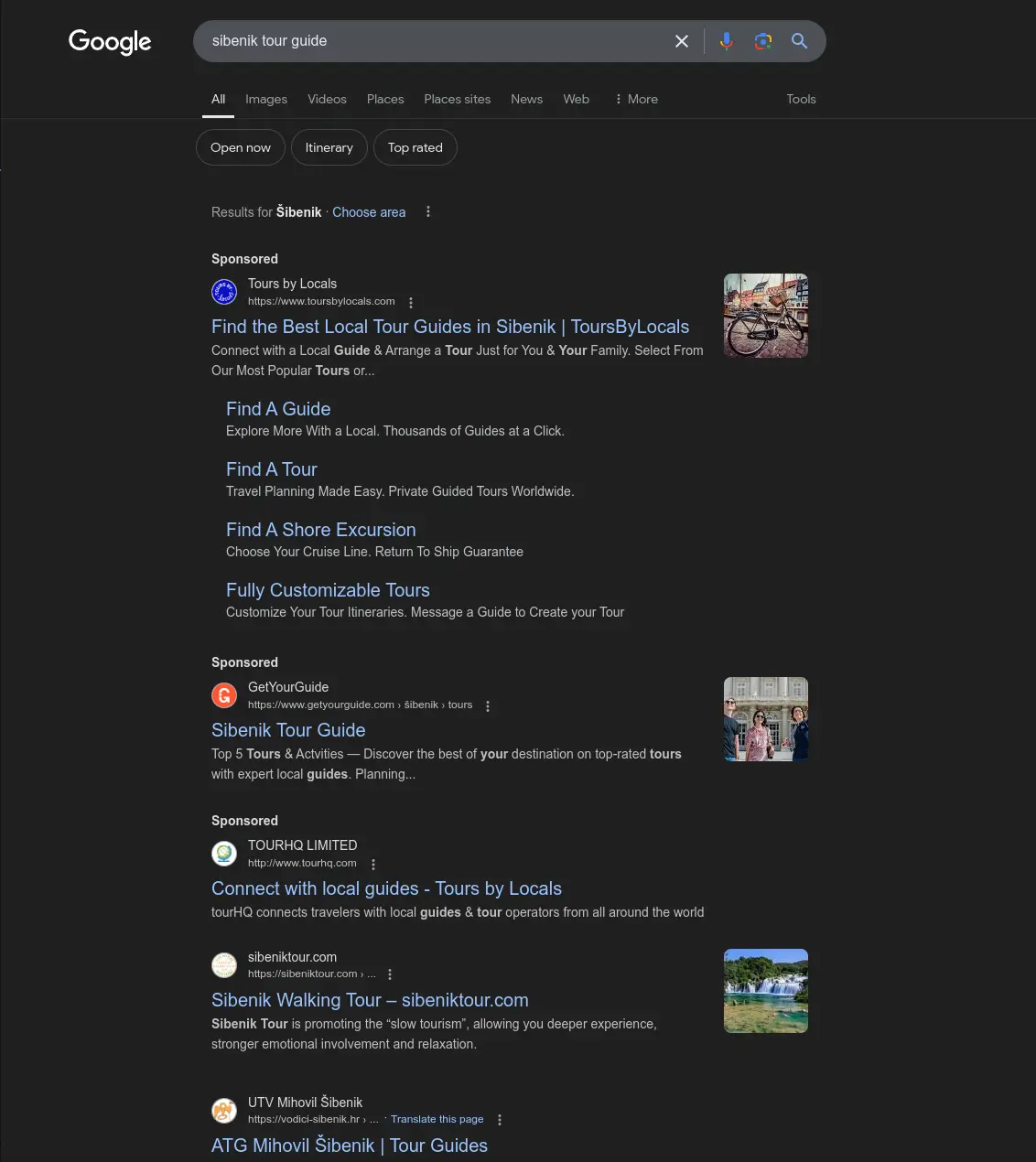 google search results for sibenik tour guide keyword